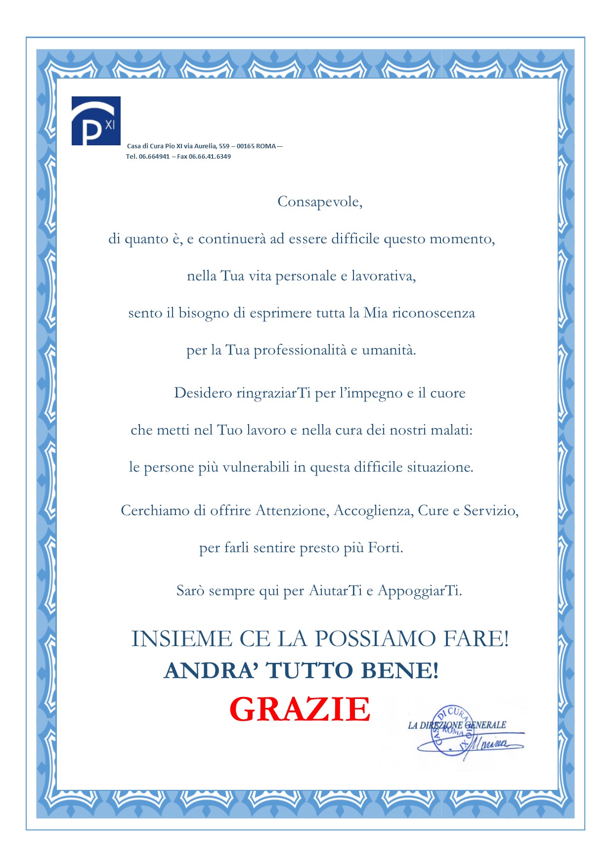 Carta de agradecimiento de la Hna. Marina al personal de la Clínica Pío